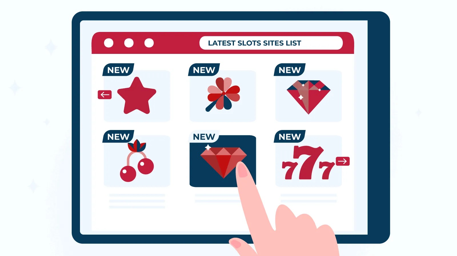 Illustration of a hand selecting the new slot sites category from a touch screen menu