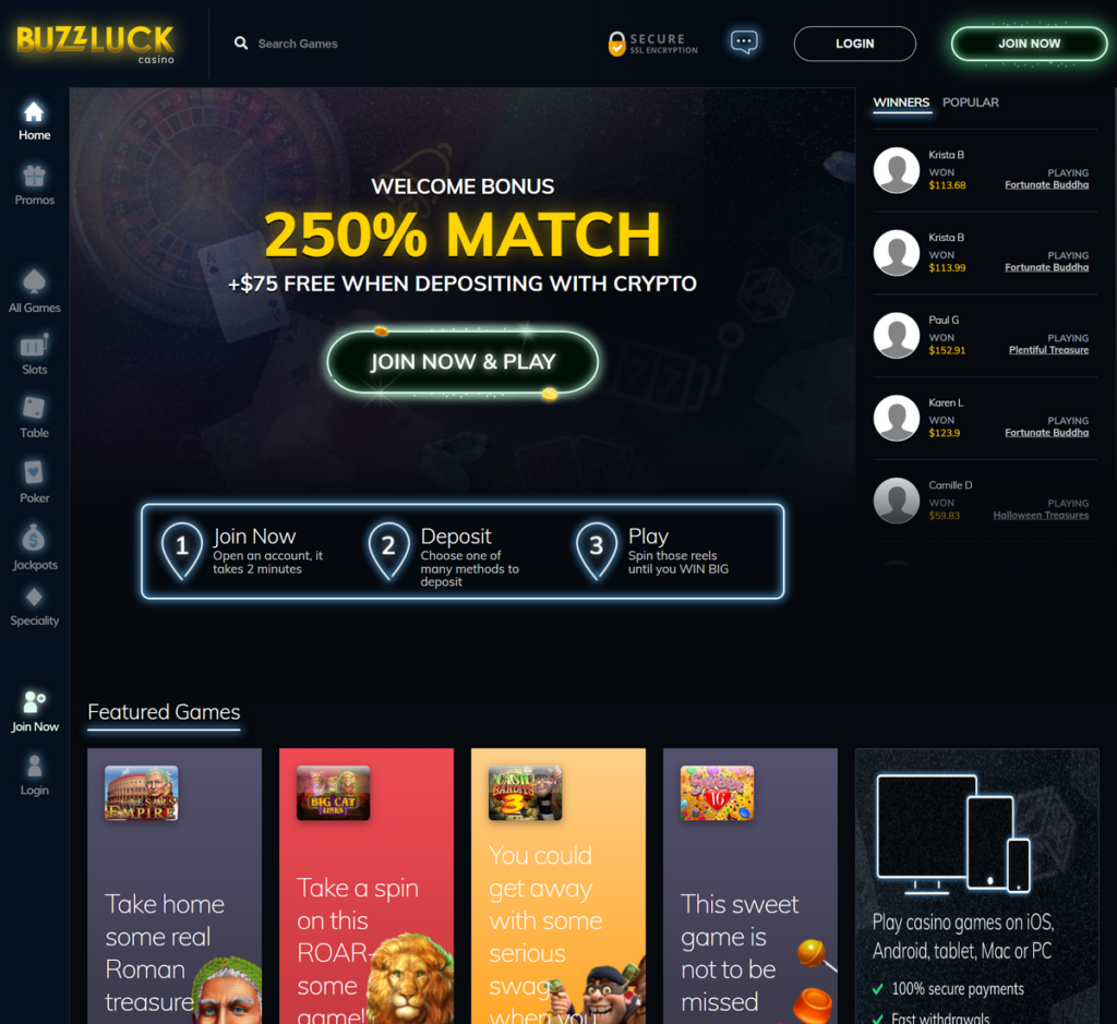 BuzzLuck Casino Desktop Preview 1