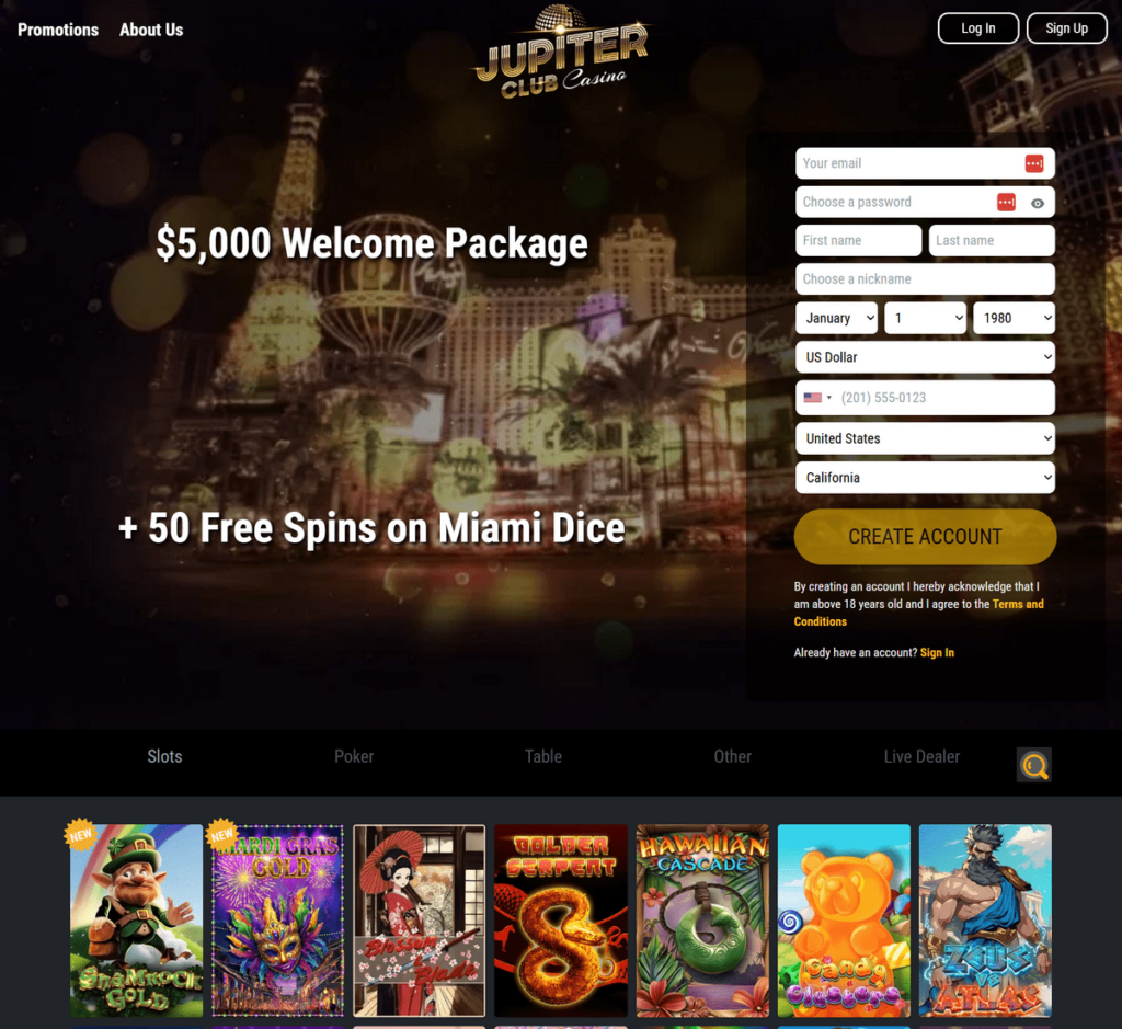 Jupiter Club Casino Desktop Preview 1